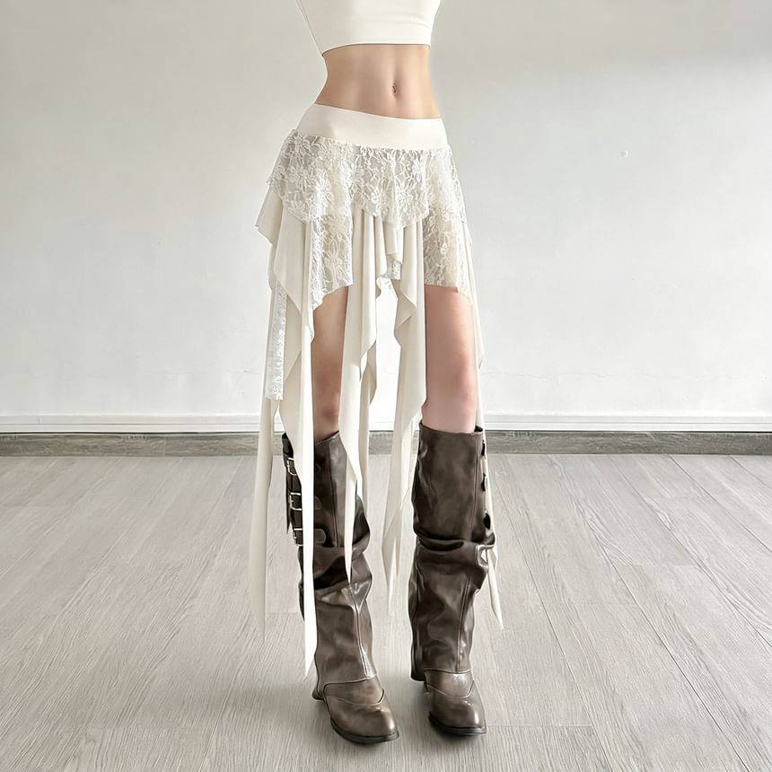 Black Mid Rise Asymmetrical Lace Panel A-Line Skirt - Altfashion Shop