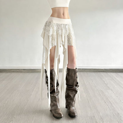 Black Mid Rise Asymmetrical Lace Panel A-Line Skirt - Altfashion Shop