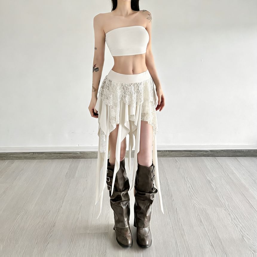 Black Mid Rise Asymmetrical Lace Panel A-Line Skirt - Altfashion Shop