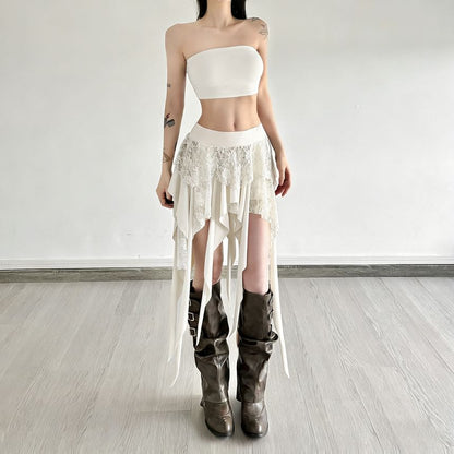 Black Mid Rise Asymmetrical Lace Panel A-Line Skirt - Altfashion Shop