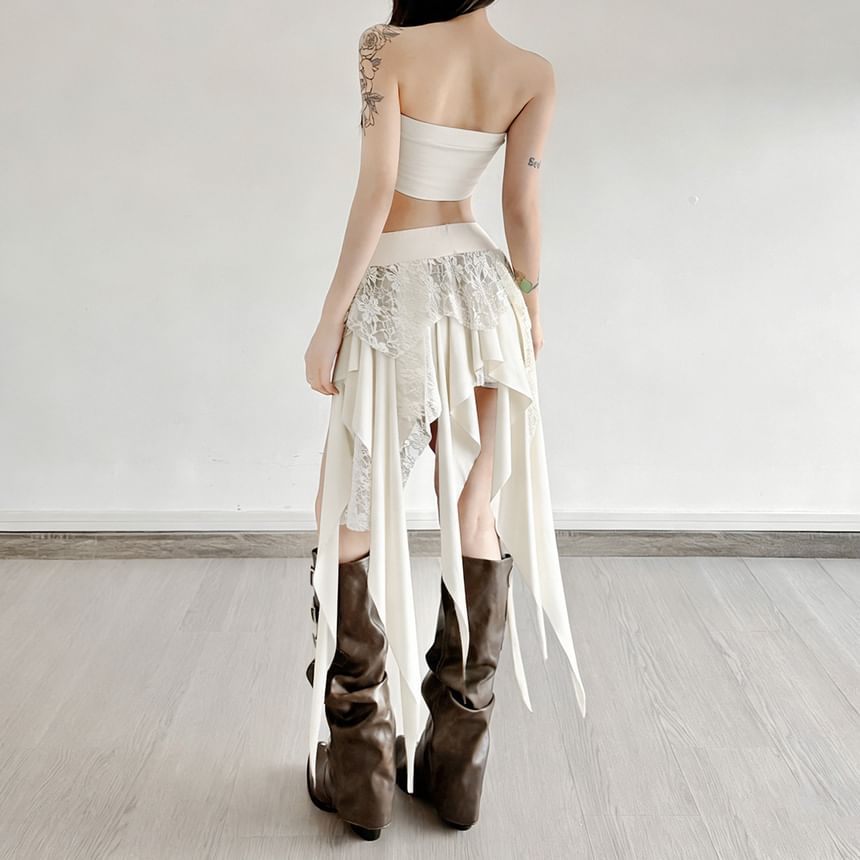 Black Mid Rise Asymmetrical Lace Panel A-Line Skirt - Altfashion Shop
