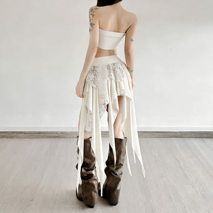 Black Mid Rise Asymmetrical Lace Panel A-Line Skirt - Altfashion Shop
