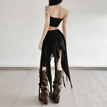 Black Mid Rise Asymmetrical Lace Panel A-Line Skirt - Altfashion Shop