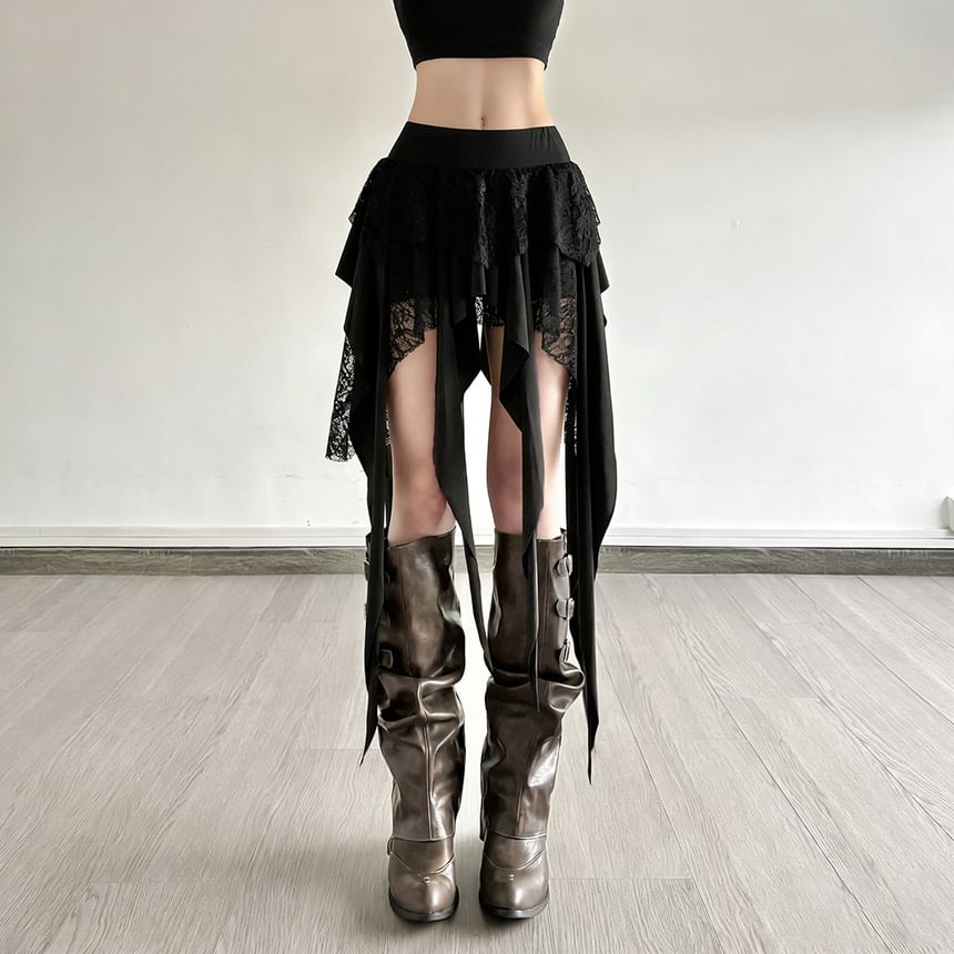 Black Mid Rise Asymmetrical Lace Panel A-Line Skirt - Altfashion Shop