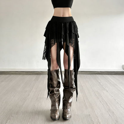 Black Mid Rise Asymmetrical Lace Panel A-Line Skirt - Altfashion Shop