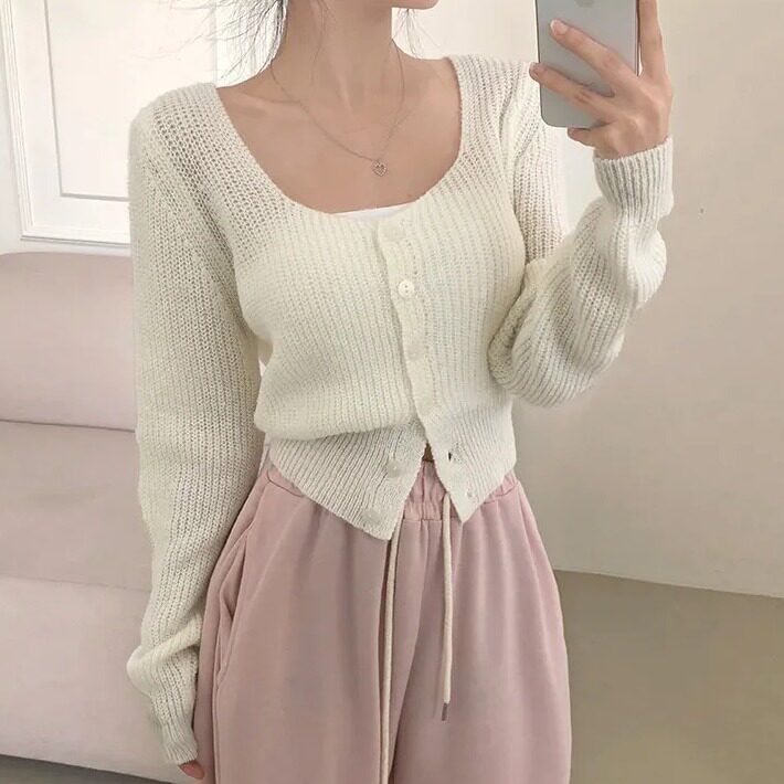 Square Neck Button-Up Plain Crop Cardigan