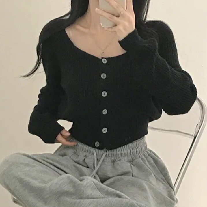 Square Neck Button-Up Plain Crop Cardigan