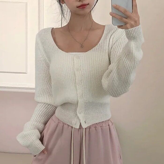 Square Neck Button-Up Plain Crop Cardigan