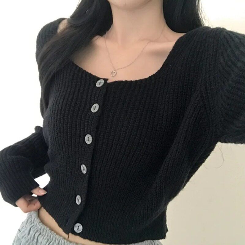 Square Neck Button-Up Plain Crop Cardigan