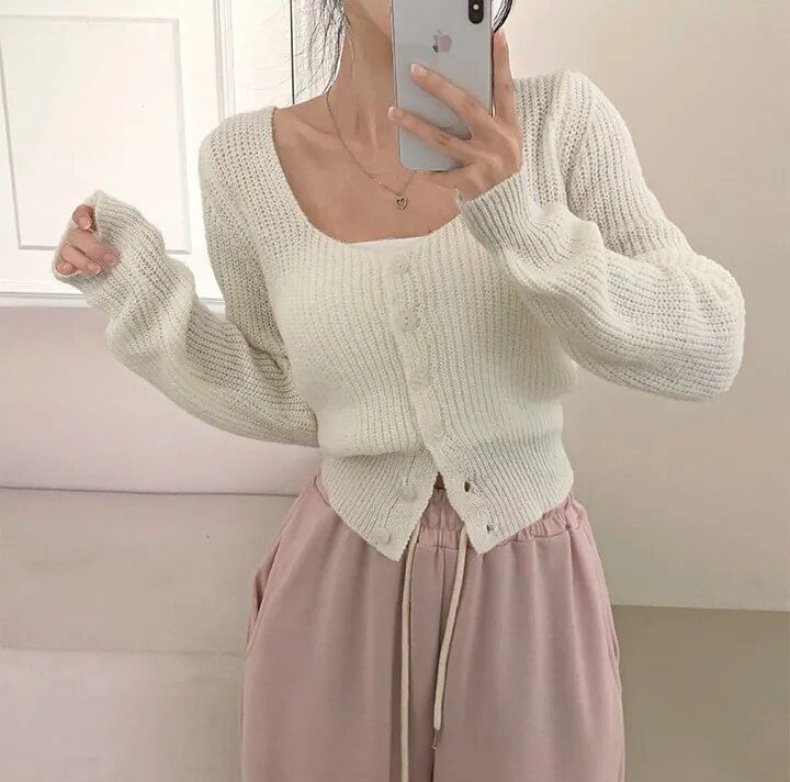 Square Neck Button-Up Plain Crop Cardigan
