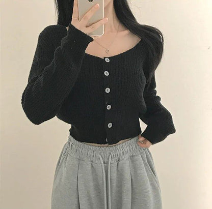 Square Neck Button-Up Plain Crop Cardigan