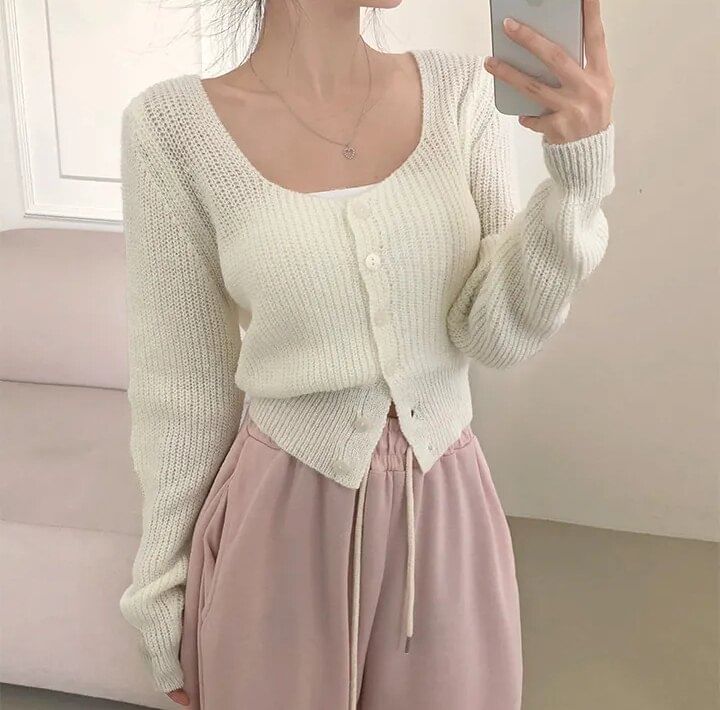Square Neck Button-Up Plain Crop Cardigan