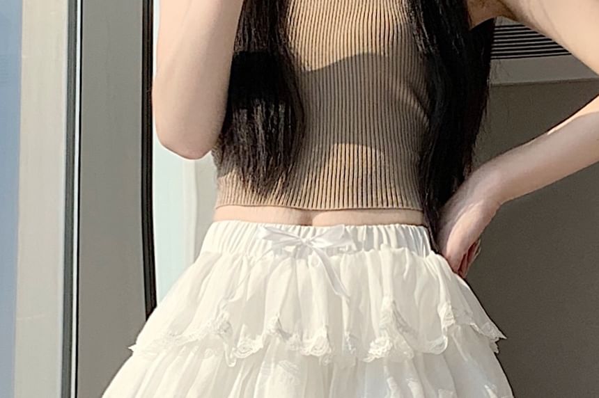 Black High Waist Plain Lace Trim Tiered Mini A-Line Skirt - Altfashion Shop