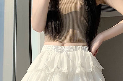 Black High Waist Plain Lace Trim Tiered Mini A-Line Skirt - Altfashion Shop