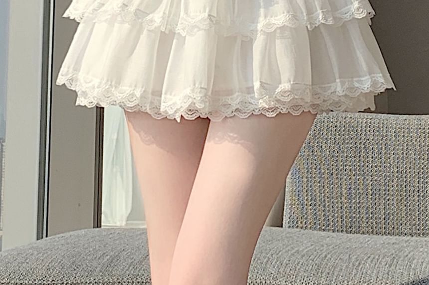 Black High Waist Plain Lace Trim Tiered Mini A-Line Skirt - Altfashion Shop