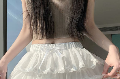 Black High Waist Plain Lace Trim Tiered Mini A-Line Skirt - Altfashion Shop