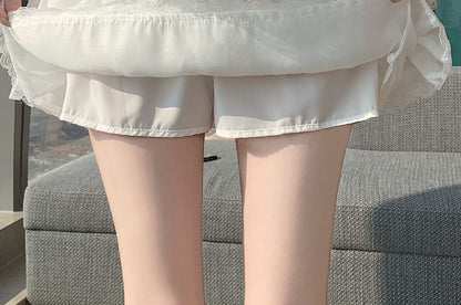 Black High Waist Plain Lace Trim Tiered Mini A-Line Skirt - Altfashion Shop