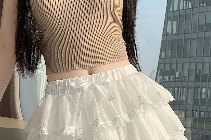 Black High Waist Plain Lace Trim Tiered Mini A-Line Skirt - Altfashion Shop