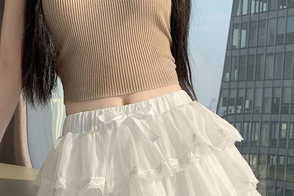 Black High Waist Plain Lace Trim Tiered Mini A-Line Skirt - Altfashion Shop