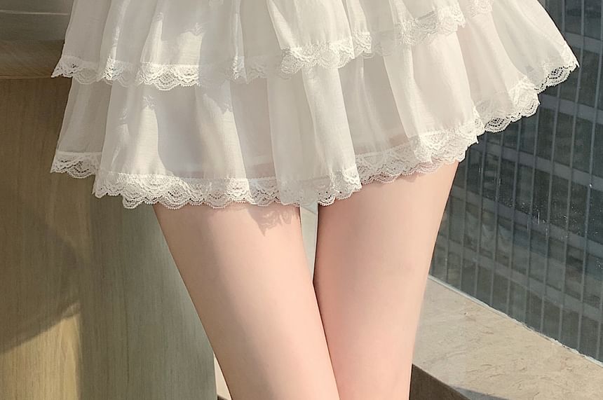 Black High Waist Plain Lace Trim Tiered Mini A-Line Skirt - Altfashion Shop