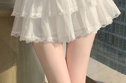 Black High Waist Plain Lace Trim Tiered Mini A-Line Skirt - Altfashion Shop