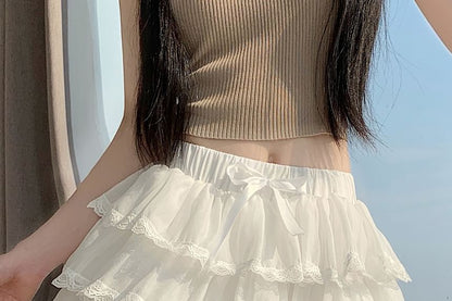 Black High Waist Plain Lace Trim Tiered Mini A-Line Skirt - Altfashion Shop