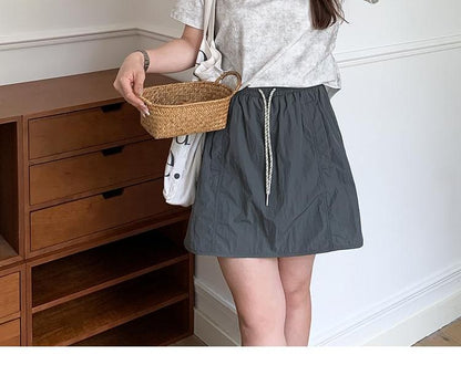 Black Drawstring Waist Plain Mini A-Line Skirt - Altfashion Shop