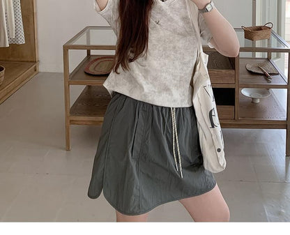 Black Drawstring Waist Plain Mini A-Line Skirt - Altfashion Shop
