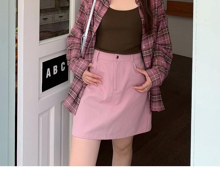 Long-Sleeve Plaid Shirt with Scoop Neck Plain Camisole Top and High Waist Mini A-Line Skirt Set - Altfashion Shop