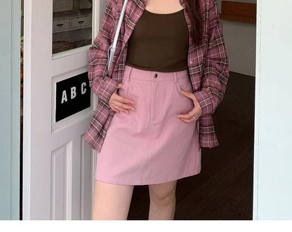 Long-Sleeve Plaid Shirt with Scoop Neck Plain Camisole Top and High Waist Mini A-Line Skirt Set - Altfashion Shop