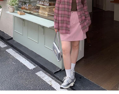 Long-Sleeve Plaid Shirt with Scoop Neck Plain Camisole Top and High Waist Mini A-Line Skirt Set - Altfashion Shop