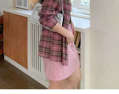 Long-Sleeve Plaid Shirt with Scoop Neck Plain Camisole Top and High Waist Mini A-Line Skirt Set - Altfashion Shop