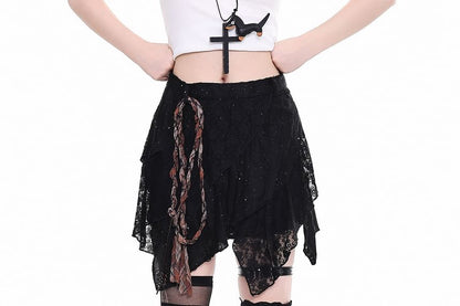 Black Low Waist Asymmetrical Lace A-Line Skirt - Altfashion Shop