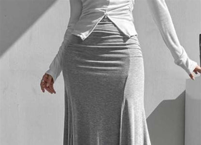 Black High Waist Plain Ruched Maxi Mermaid Skirt - Altfashion Shop