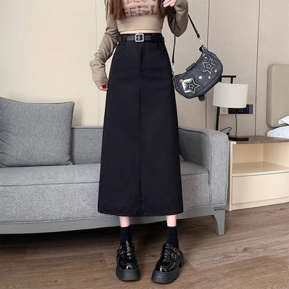 Black High-Waisted A-Line Midi Skirt - Altfashion Shop