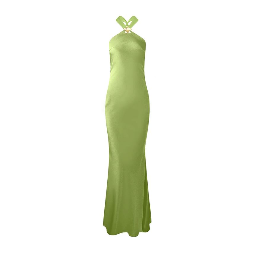 Sleeveless Halter Neck Plain Open-Back Satin Maxi Dress