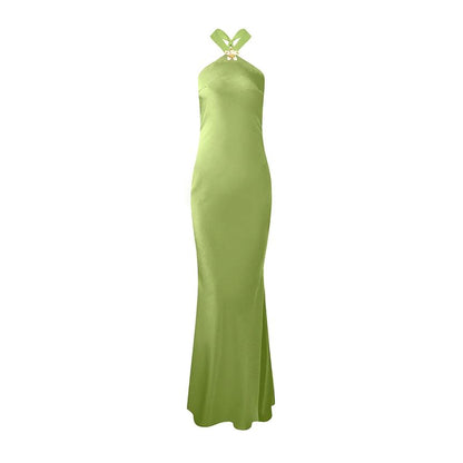 Sleeveless Halter Neck Plain Open-Back Satin Maxi Dress