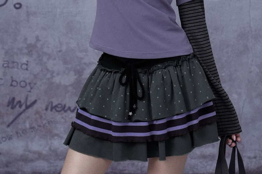 Black Drawstring Waist Micro Dot Striped Panel Tiered Mini A-Line Skirt - Altfashion Shop