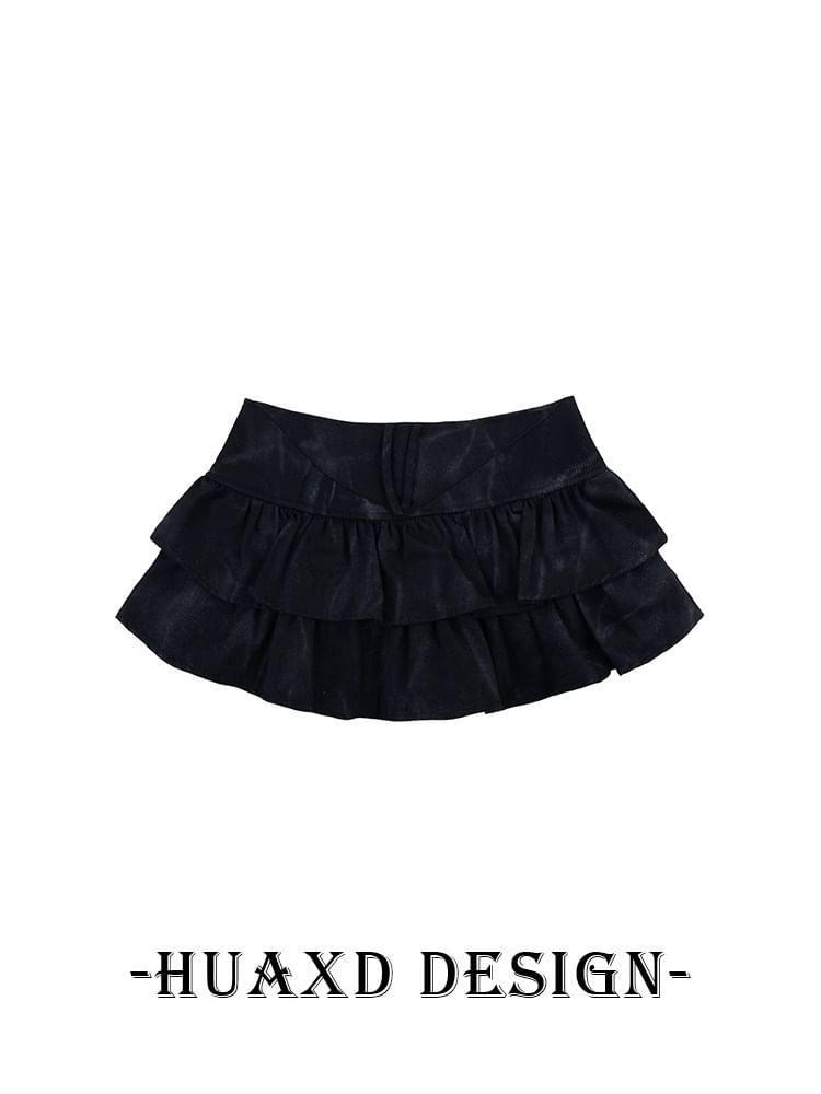 Black Mid Rise Tie Dye Studded Ruffle Mini A-Line Denim Skirt - Altfashion Shop