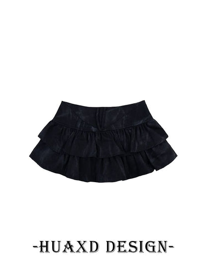 Black Mid Rise Tie Dye Studded Ruffle Mini A-Line Denim Skirt - Altfashion Shop