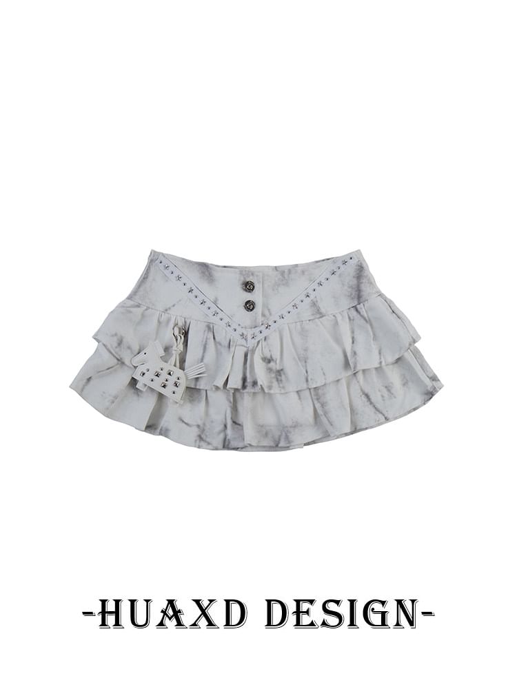 Black Mid Rise Tie Dye Studded Ruffle Mini A-Line Denim Skirt - Altfashion Shop