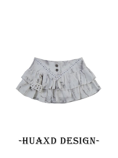 Black Mid Rise Tie Dye Studded Ruffle Mini A-Line Denim Skirt - Altfashion Shop