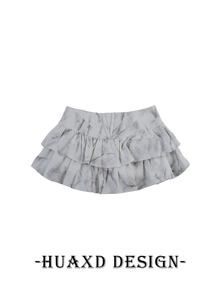 Black Mid Rise Tie Dye Studded Ruffle Mini A-Line Denim Skirt - Altfashion Shop