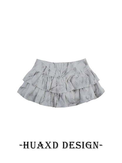 Black Mid Rise Tie Dye Studded Ruffle Mini A-Line Denim Skirt - Altfashion Shop