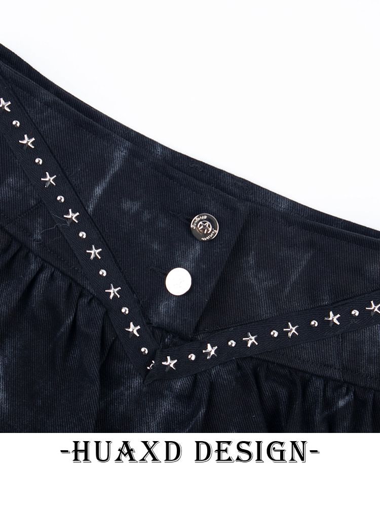 Black Mid Rise Tie Dye Studded Ruffle Mini A-Line Denim Skirt - Altfashion Shop