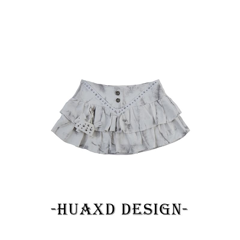Black Mid Rise Tie Dye Studded Ruffle Mini A-Line Denim Skirt - Altfashion Shop