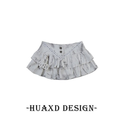 Black Mid Rise Tie Dye Studded Ruffle Mini A-Line Denim Skirt - Altfashion Shop
