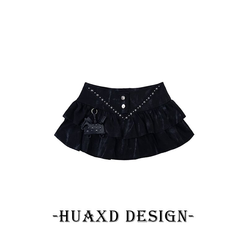 Black Mid Rise Tie Dye Studded Ruffle Mini A-Line Denim Skirt - Altfashion Shop