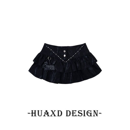 Black Mid Rise Tie Dye Studded Ruffle Mini A-Line Denim Skirt - Altfashion Shop