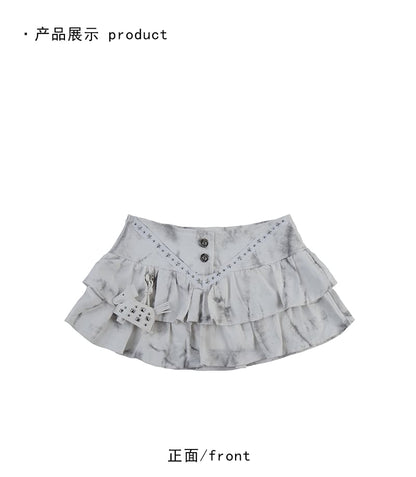 Black Mid Rise Tie Dye Studded Ruffle Mini A-Line Denim Skirt - Altfashion Shop